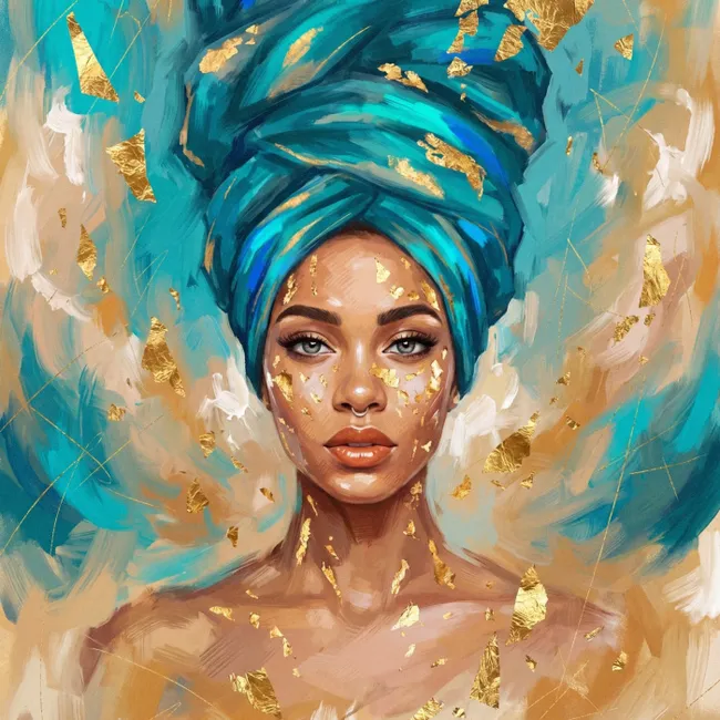 Behang - Portret - Vrouw - Schilderij - Blauw - Goud - Expressief