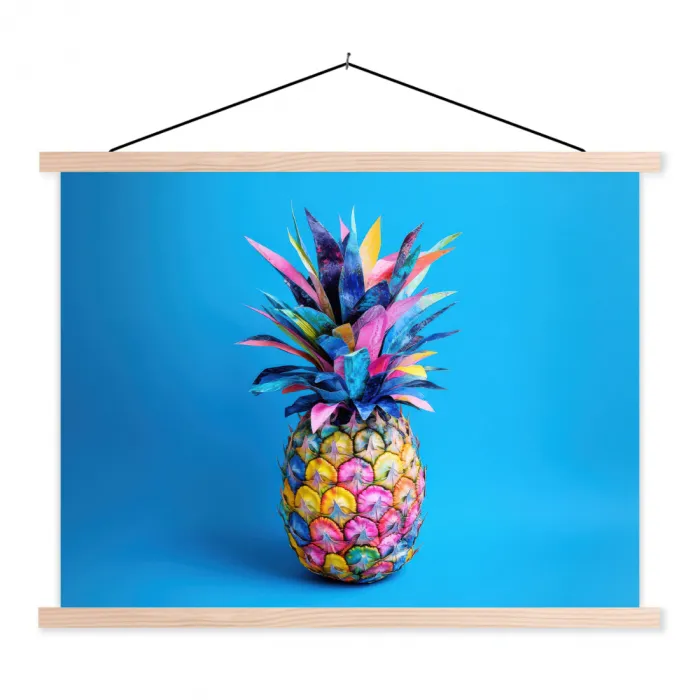 Ananas - Blauw - Tropisch - Vrolijk textielposter latten blank klein -3d