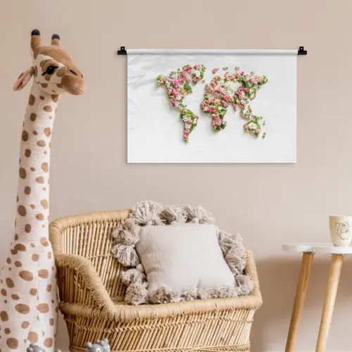 Wereldkaart - Bloemen - Subtiel Wandkleed katoen klein -wsfeer5_kind