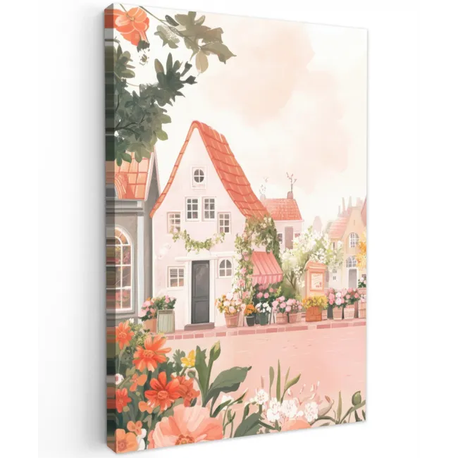 Bloemen - Huizen - Dorp Tuinposter op houten frame 2 cm dik klein -3d