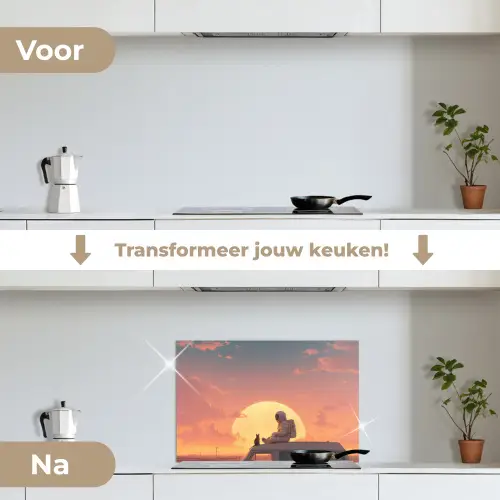 Busje - Kat - Zonsondergang - Oranje keuken achterwand spatscherm klein -voor_na_NL