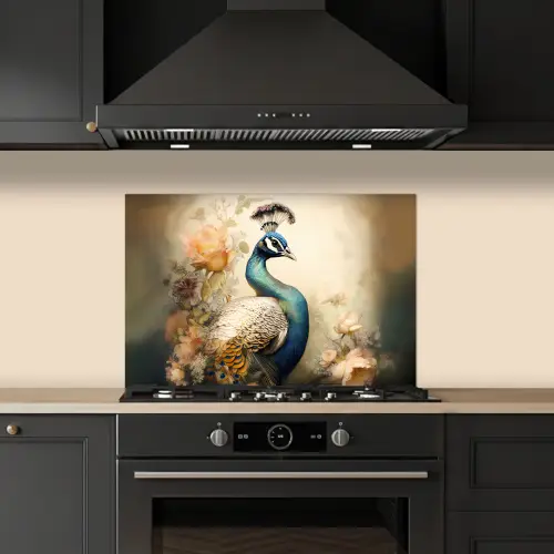 Pauw - Pauwenveren - Bloemen - Vogels - Botanisch keuken achterwand spatscherm klein -sfeer1