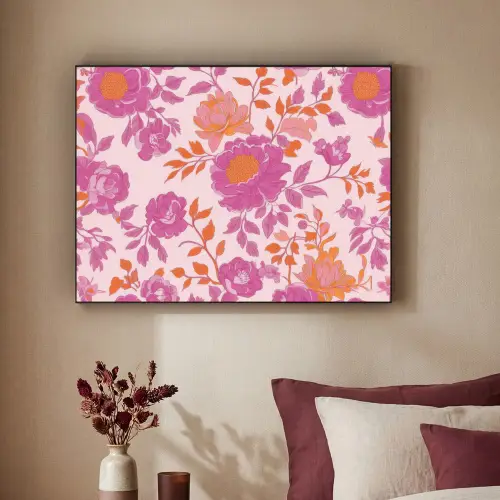 Bloemenpatroon - Roze - Oranje - Bloemen Textielframe zwart klein -sfeer1