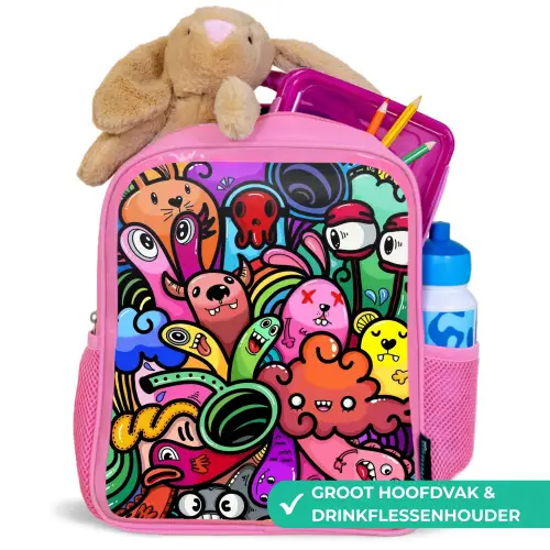 Vrolijke Monsterchaos Kinderrugzak - Roze middel -inhoud_NL