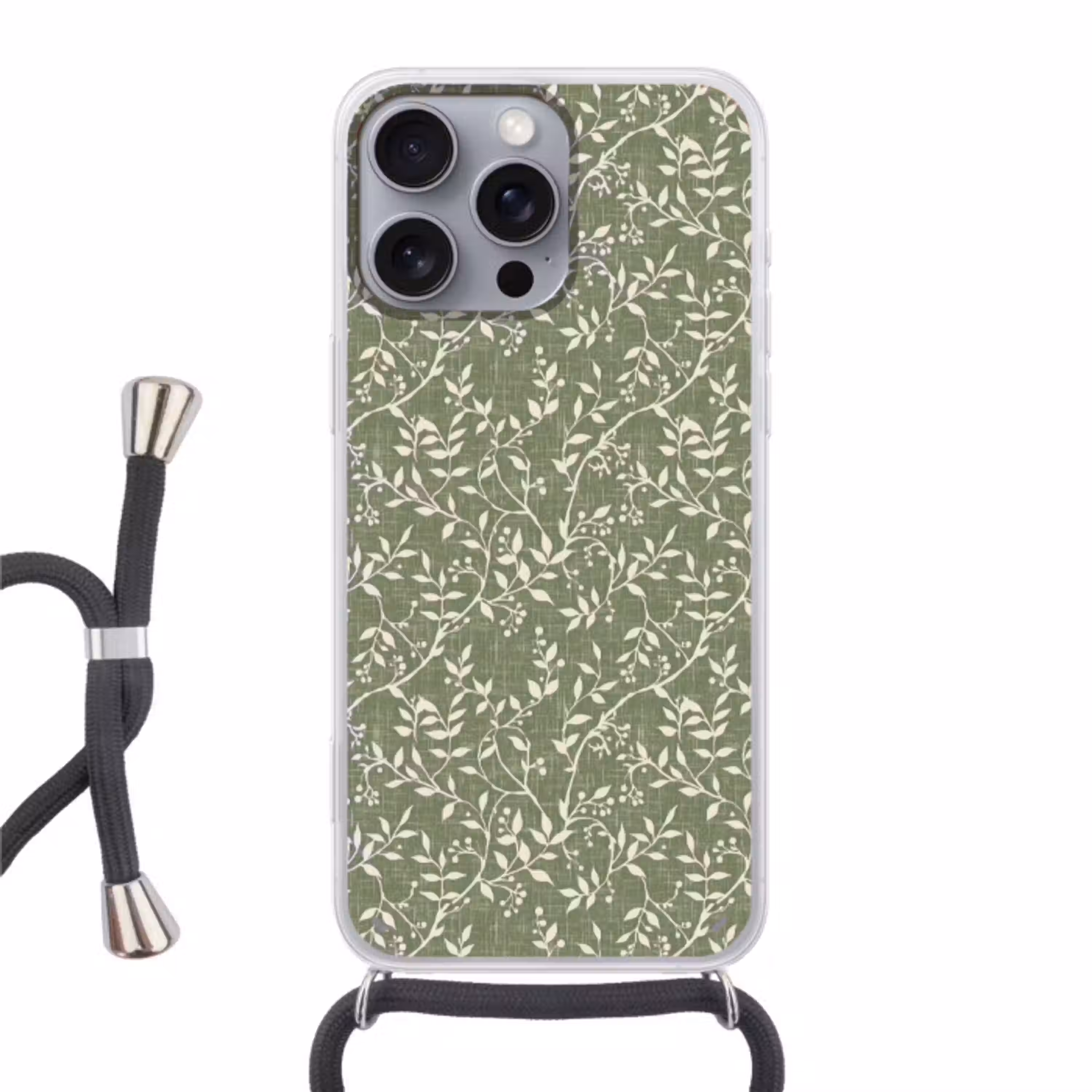 Saliegroen - Botanisch - Takken - Besjes - Linnen - Patroon Hoesje iPhone 16 Pro Max met koord klein 804 -3d