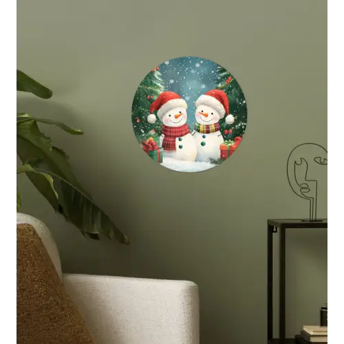 Sneeuwpop - Kerstsneeuw - Groen - Rood Wandcirkel behangsticker klein -sfeer2