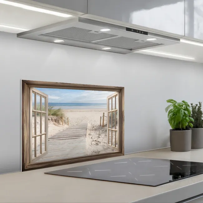 Doorkijk - Strand - Duinen - Pad - Landschap keuken achterwand spatscherm klein -3d_schuin