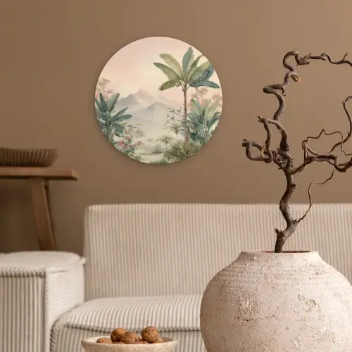 Tropisch landschap - palmbomen - Bloemen - Roze lucht Wandcirkel kunststof plaat 5mm dik klein -sfeer1