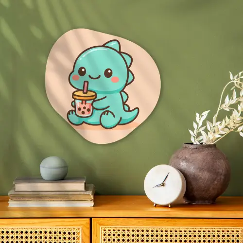 Dino - Boba - kawaii - Oranje Wandcirkel Organisch Forex 3mm klein -sfeer2