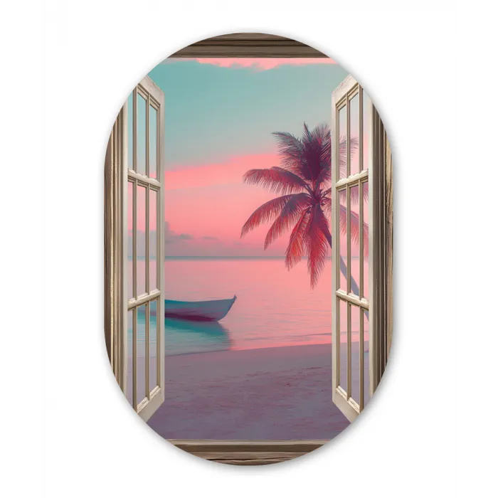 Doorkijk - Strand - Palmboom - Tropisch Wandcirkel Ovaal Glas middel -3d