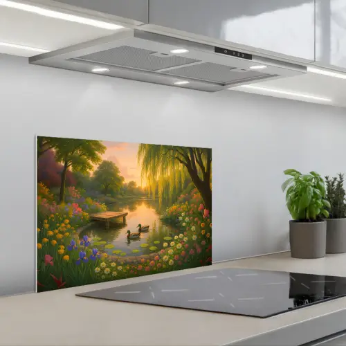 Eenden - Vijver - Bloemen keuken achterwand spatscherm klein -3d_schuin