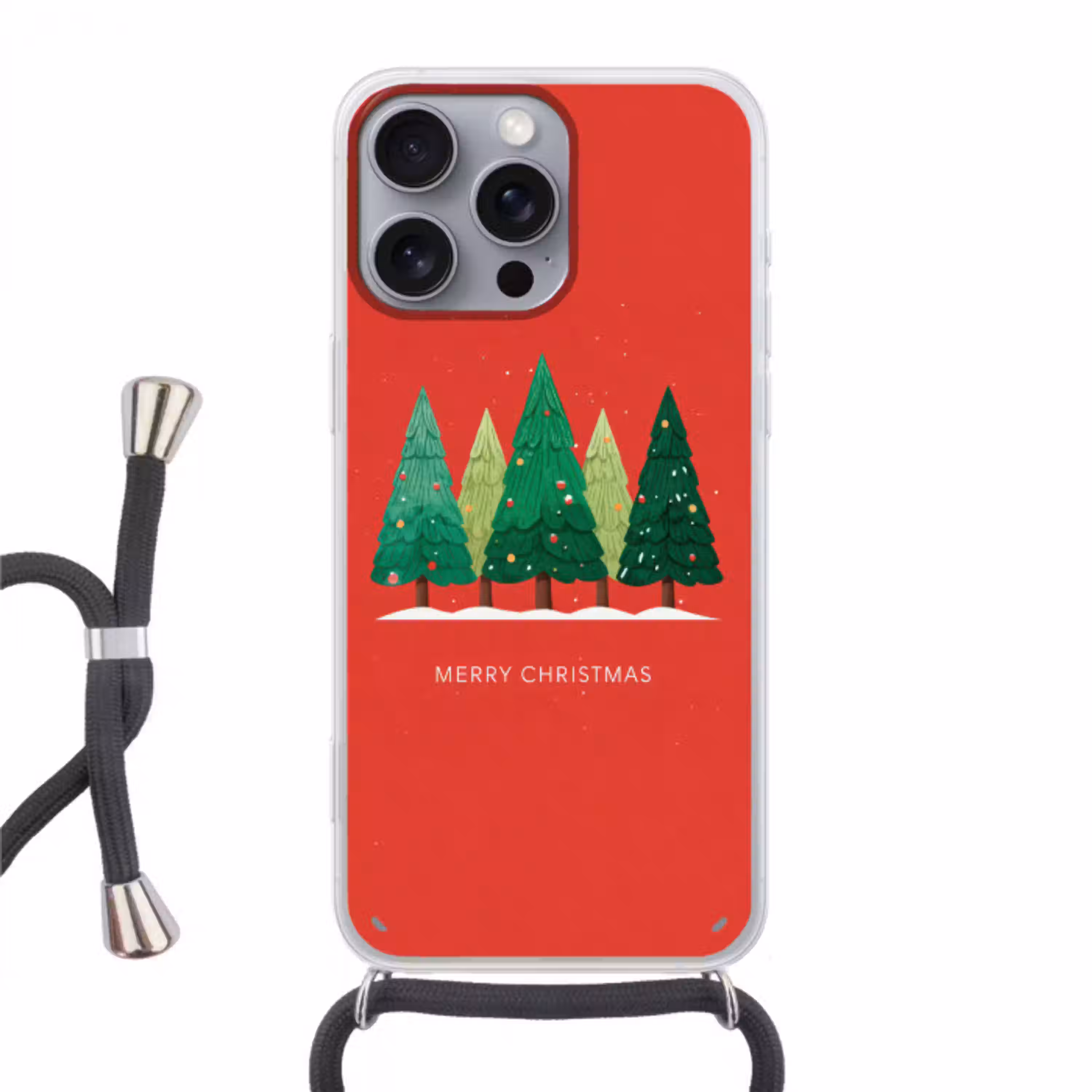 Minimalistisch - Kerstbomen - Rood - Sneeuw Hoesje iPhone 16 Pro Max met koord klein -3d