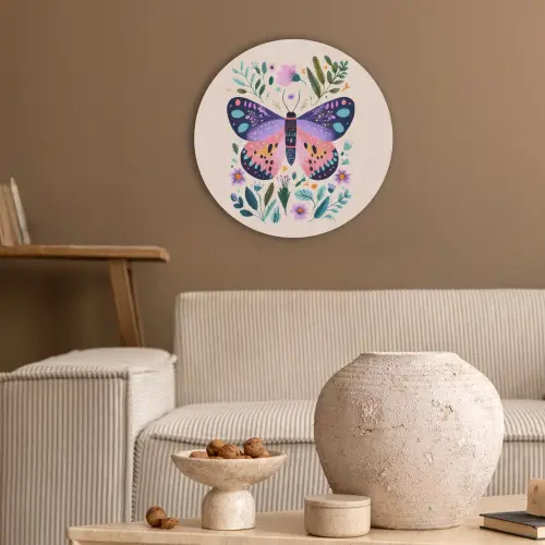 Bloemen - Bladeren - Vlinder - Kleurrijk Akoestische PET Vilt - Rond klein -sfeer1
