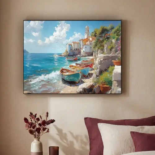 Boten - Rotsen - Zee - Zon Textielframe - compleet frame klein -sfeer1