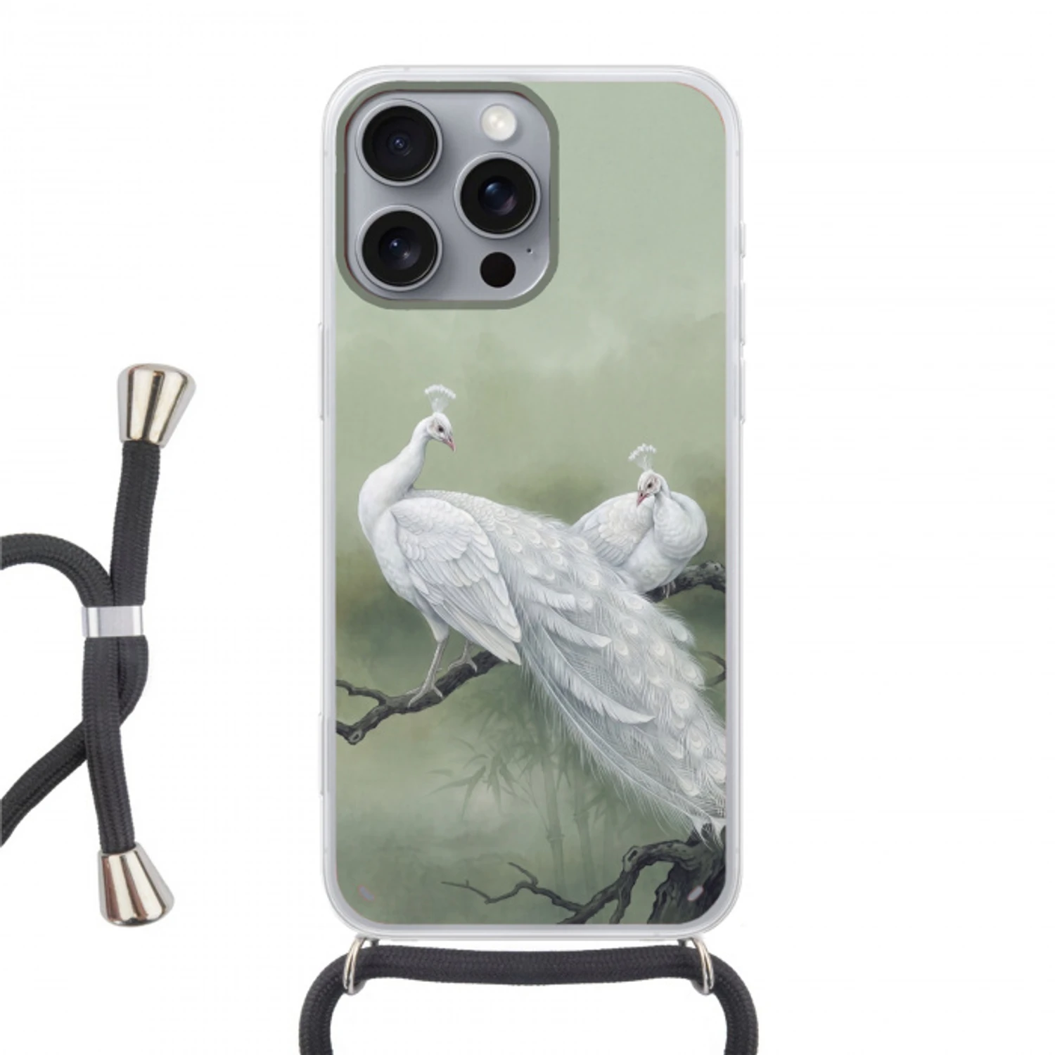 Pauwen - Wit - Natuur - Groen Hoesje iPhone 16 Pro Max met koord klein -3d