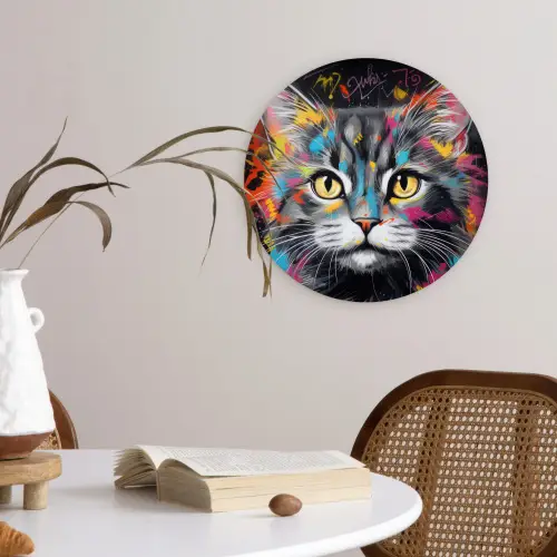 Kat - Graffiti - Dieren - Kleuren - Grijs Wandcirkel kunststof plaat 5mm dik klein -sfeer4