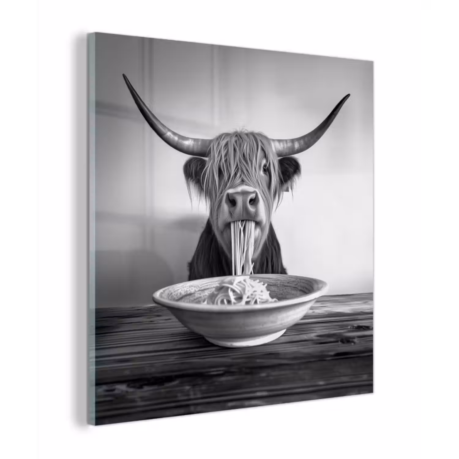 Glas schilderij - Schotse Hooglander - Spaghetti - Dieren - Zwart wit