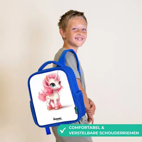 Eenhoorn met roze manen Kinderrugzak - Blauw middel -sfeer3_NL