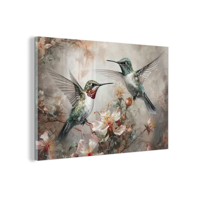 Glas schilderij - Kolibrie - Vogels - Bloemen - Planten