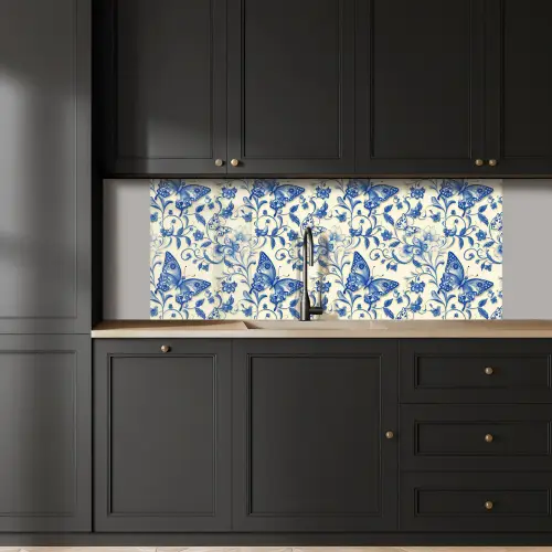 Vlinders - Bloemen - Blauw - Botanisch keuken achterwand 2 middel 871 -sfeer1