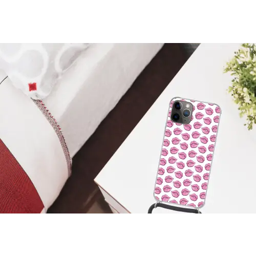 Lippen - Patroon - Roze - Wit Hoesje iPhone 12 Pro met koord klein -kamer