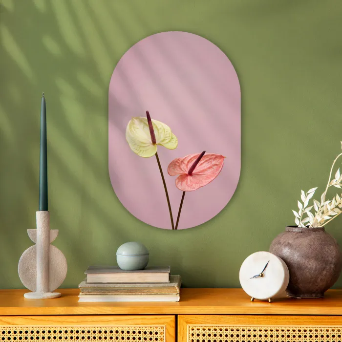 Bloemen - Anthuriums - Geel - Roze Wandcirkel Ovaal Forex klein -sfeer2
