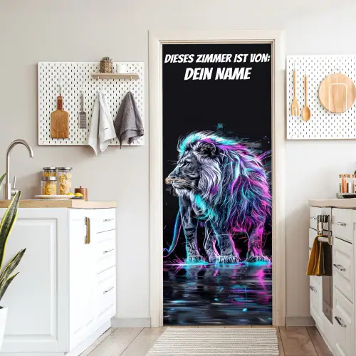 Neon-Löwe auf dunklem Hintergrund mit Namensfeld. deurposter klein -sfeer5