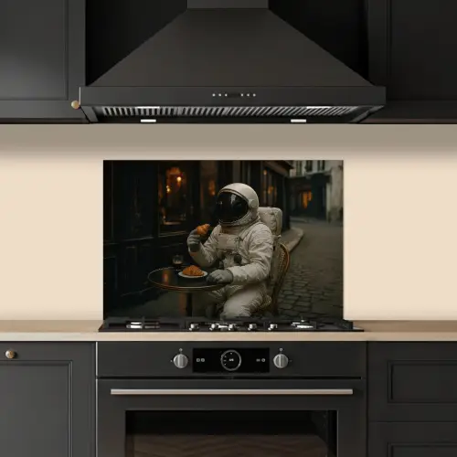 Café - Croissant - Koffie - Astronaut keuken achterwand spatscherm klein -sfeer1
