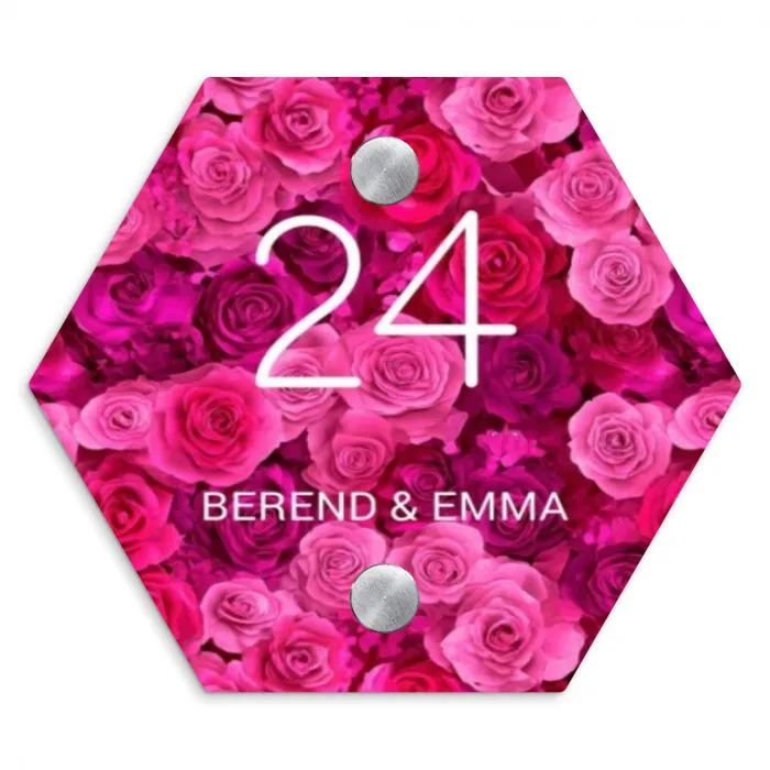 Roze rozen - Klassiek Naambord Hexagon klein -3d