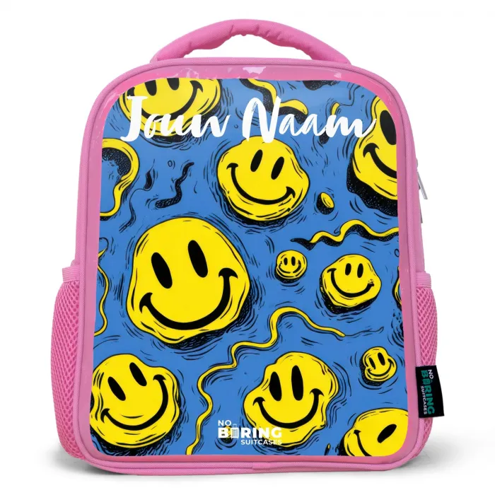 Smiley - Blauw - Geel Kinderrugzak - Roze middel -3d