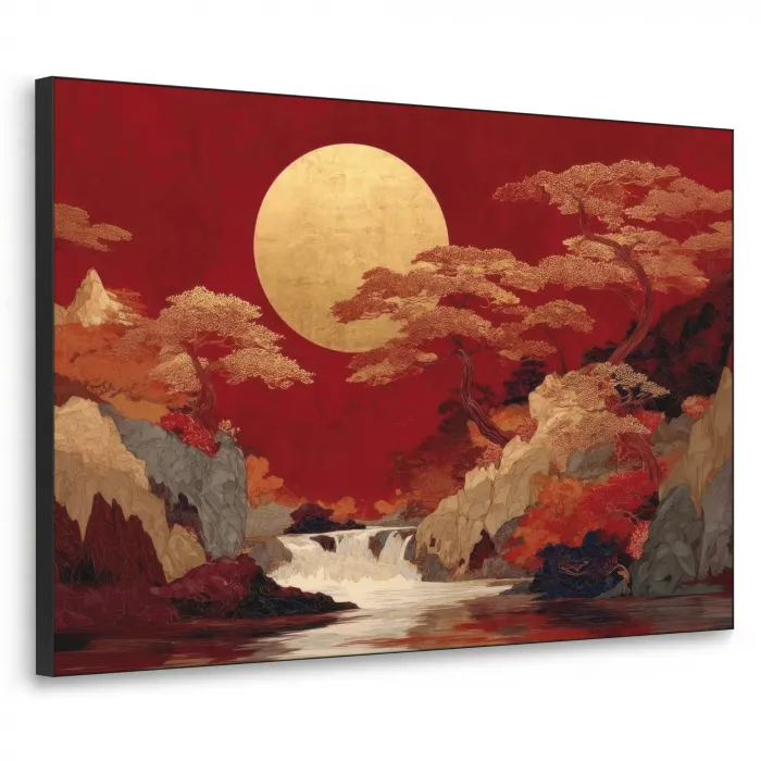 Volle maan - Landschap - Waterval Textielframe zwart klein -3d