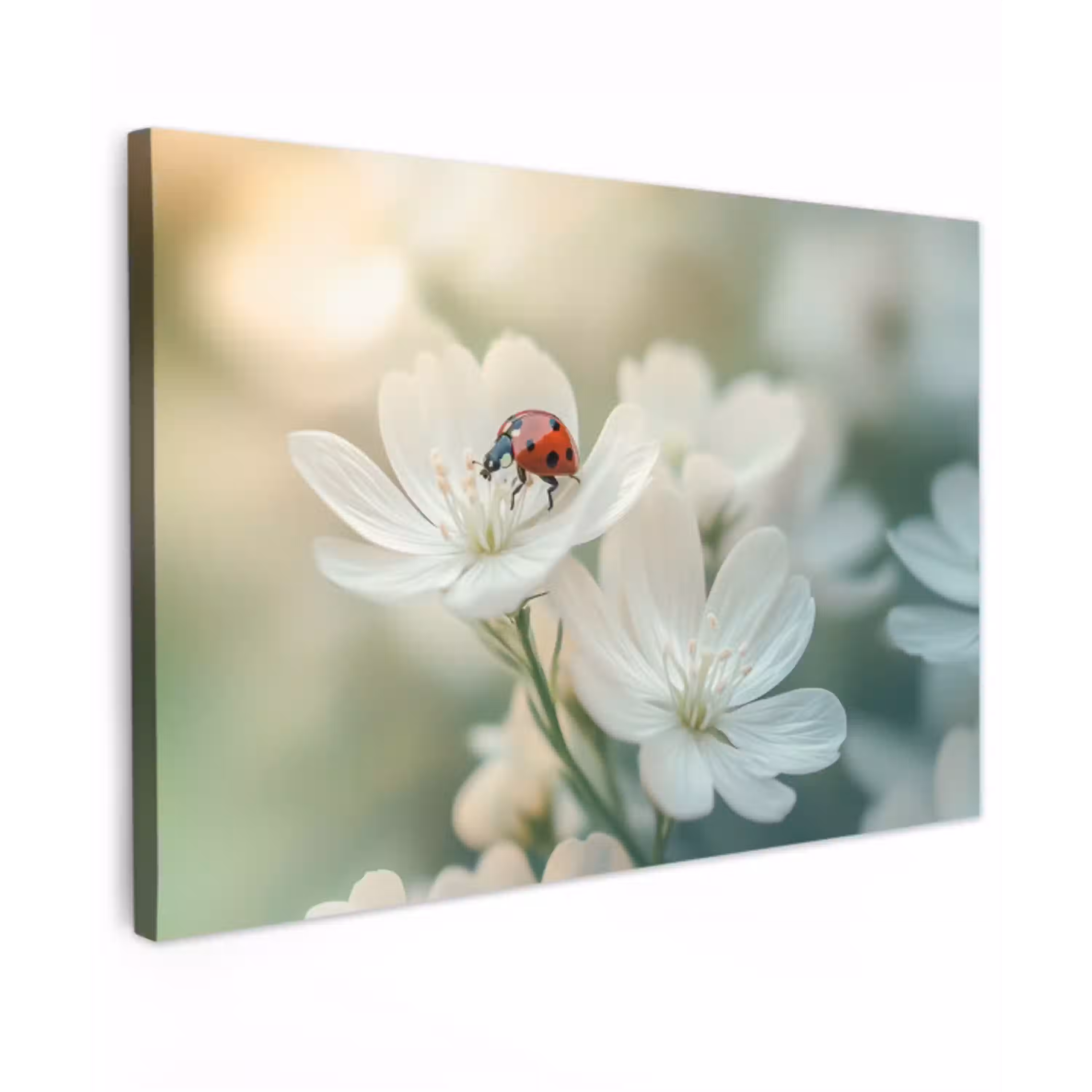 Lieveheersbeestje - Bloemen - Wit Tuinposter op houten frame 2 cm dik klein -3d