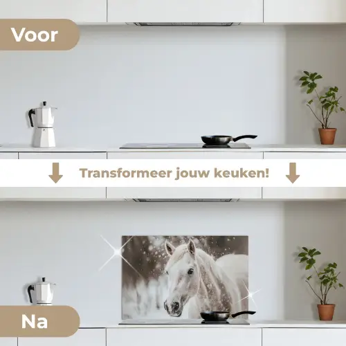 Paard - Wit - Winter - Natuur - Sneeuw - Dieren keuken achterwand spatscherm klein -voor_na_NL