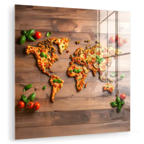 Wereldkaart - Pizza - Houten ondergrond plexiglas 5mm klein -zzzproduct_nieuw