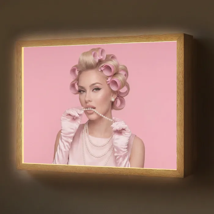 Vrouw - Roze - Parelketting - Krulspelden Light Box met batterij (Wandlamp) middel -z3d_website