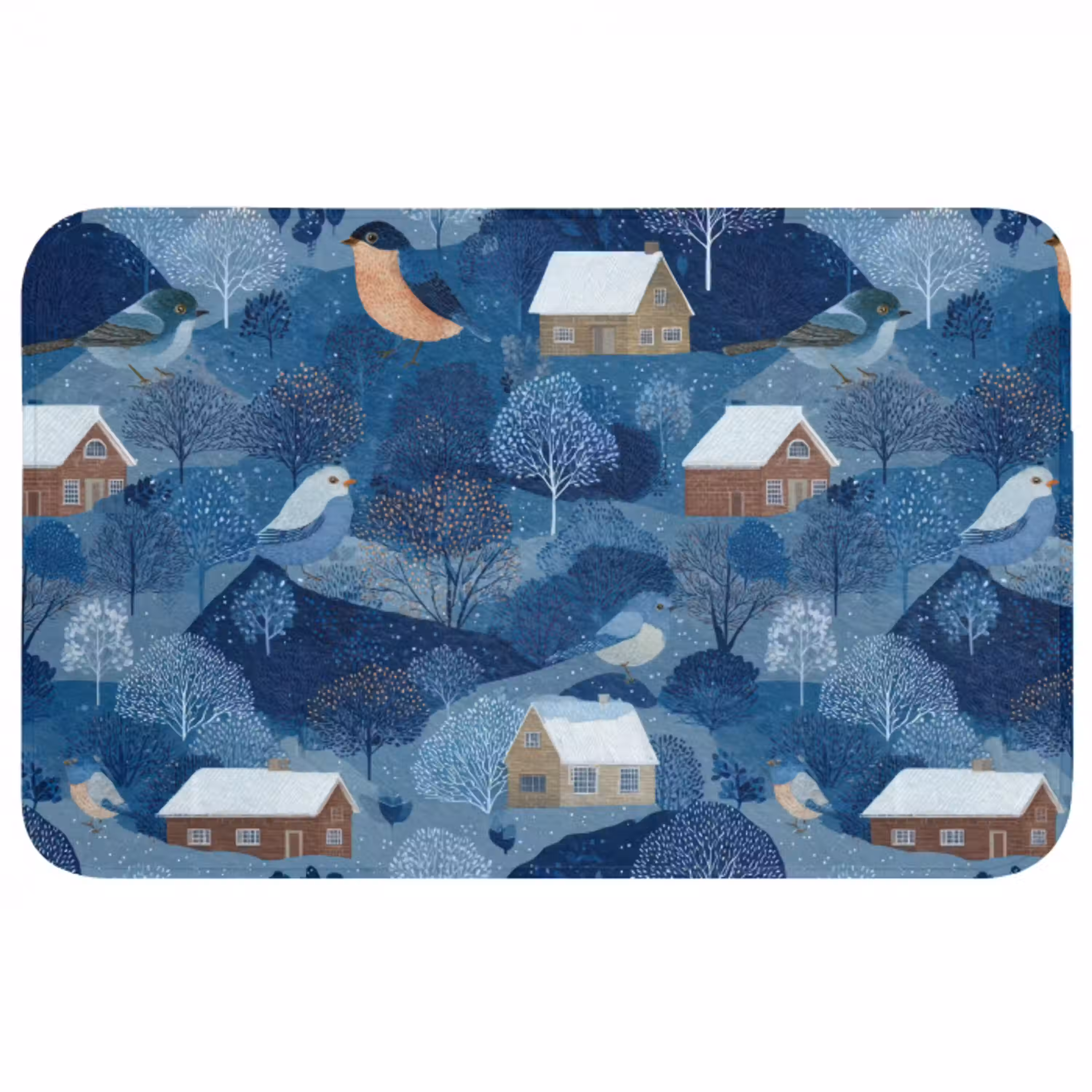 Huisjes - Vogels - Sneeuw - Winter - Blauw Badmat middel 997 -3d