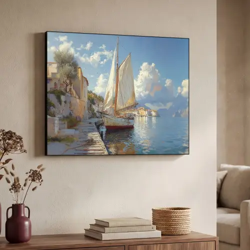 Zeilschip - Huizen - Kade - Zee Textielframe zwart klein -sfeer3