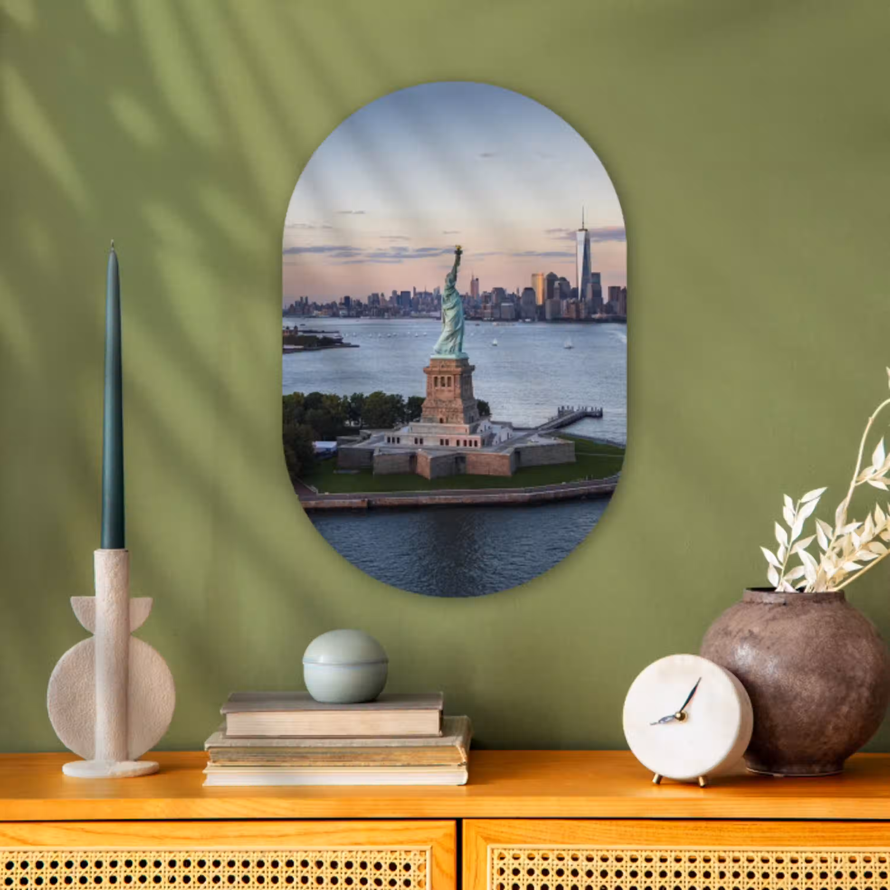 New York - Vrijheidsbeeld - Skyline Wandcirkel Ovaal Forex klein -sfeer2
