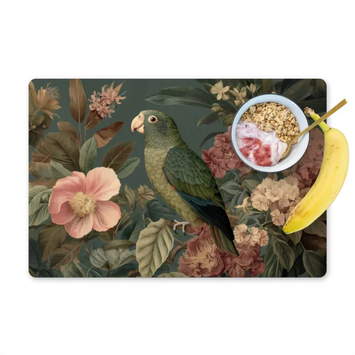 Groene papegaai - Kleurrijke bloemen - Donkere achtergrond Placemat vinyl groot -zzzproduct_Kitchenyeah-website