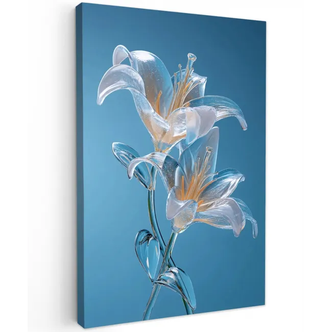 Lelies - Blauw - Glazen Tuinposter op houten frame 2 cm dik klein -3d