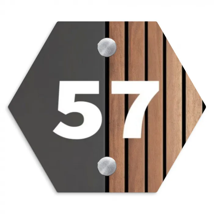 Hout en antraciet - Traditioneel Naambord Hexagon klein -3d