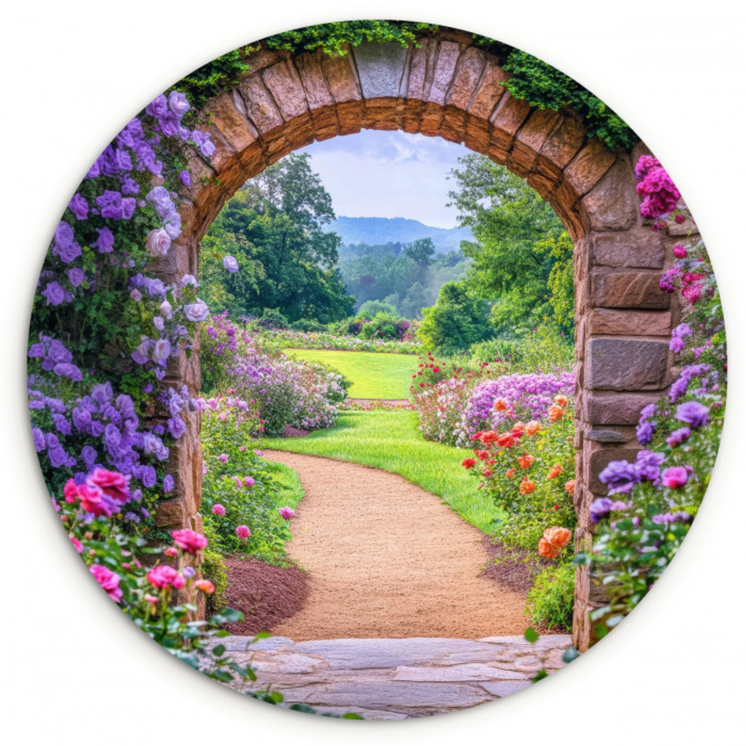 Doorkijk - Poort - Bloemen - Tuin Wandcirkel kunststof plaat 5mm dik klein -3d