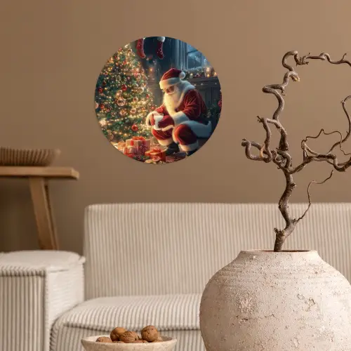 Kerstman - Haard - Donker Wandcirkel behangsticker klein -sfeer1