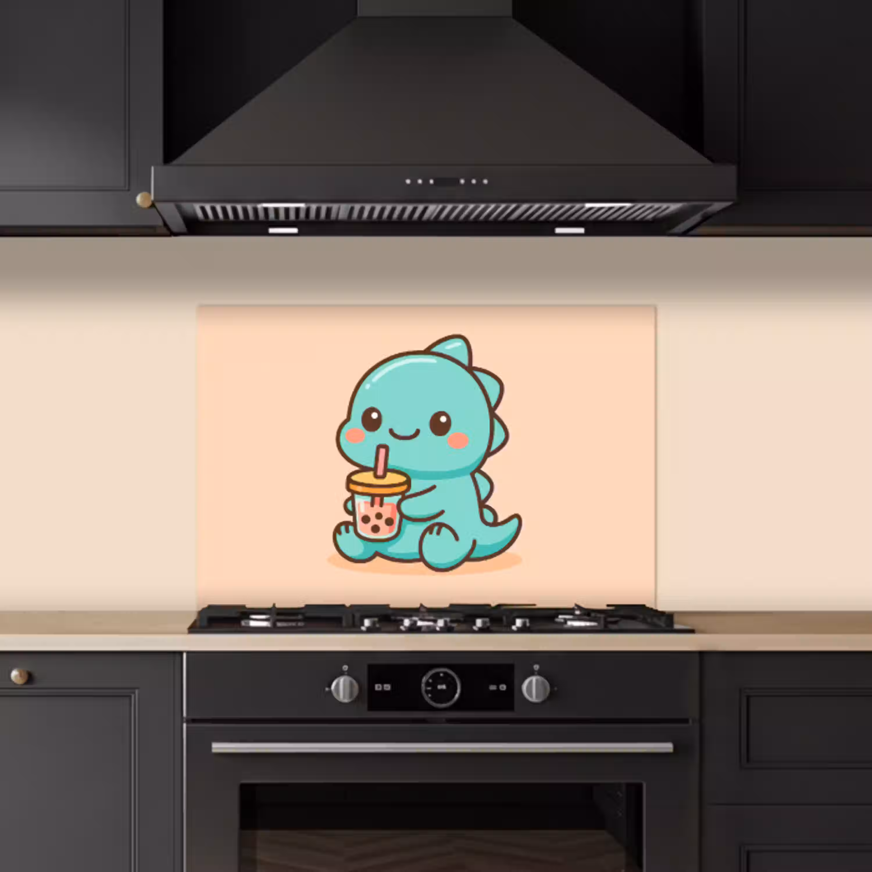 Dino - Boba - kawaii - Oranje keuken achterwand spatscherm klein -sfeer1