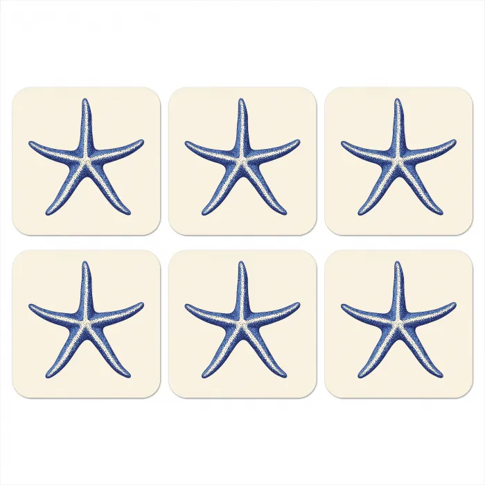 Blauwe zeester - Minimalistisch - Beige onderzetter kurk middel -3d