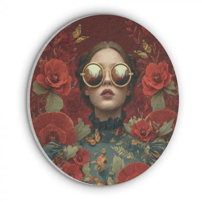 Akoestisch schilderij rond - Bloemen - Dieprood - Zonnebril - Vrouw