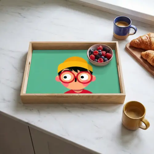 Jongen - Cartoon - Bril - Muts Dienblad Rechthoek middel -sfeer2