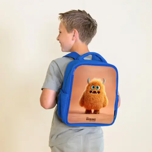 Oranje Pluizig Monster met Hoorns Kinderrugzak - Blauw middel -sfeer2