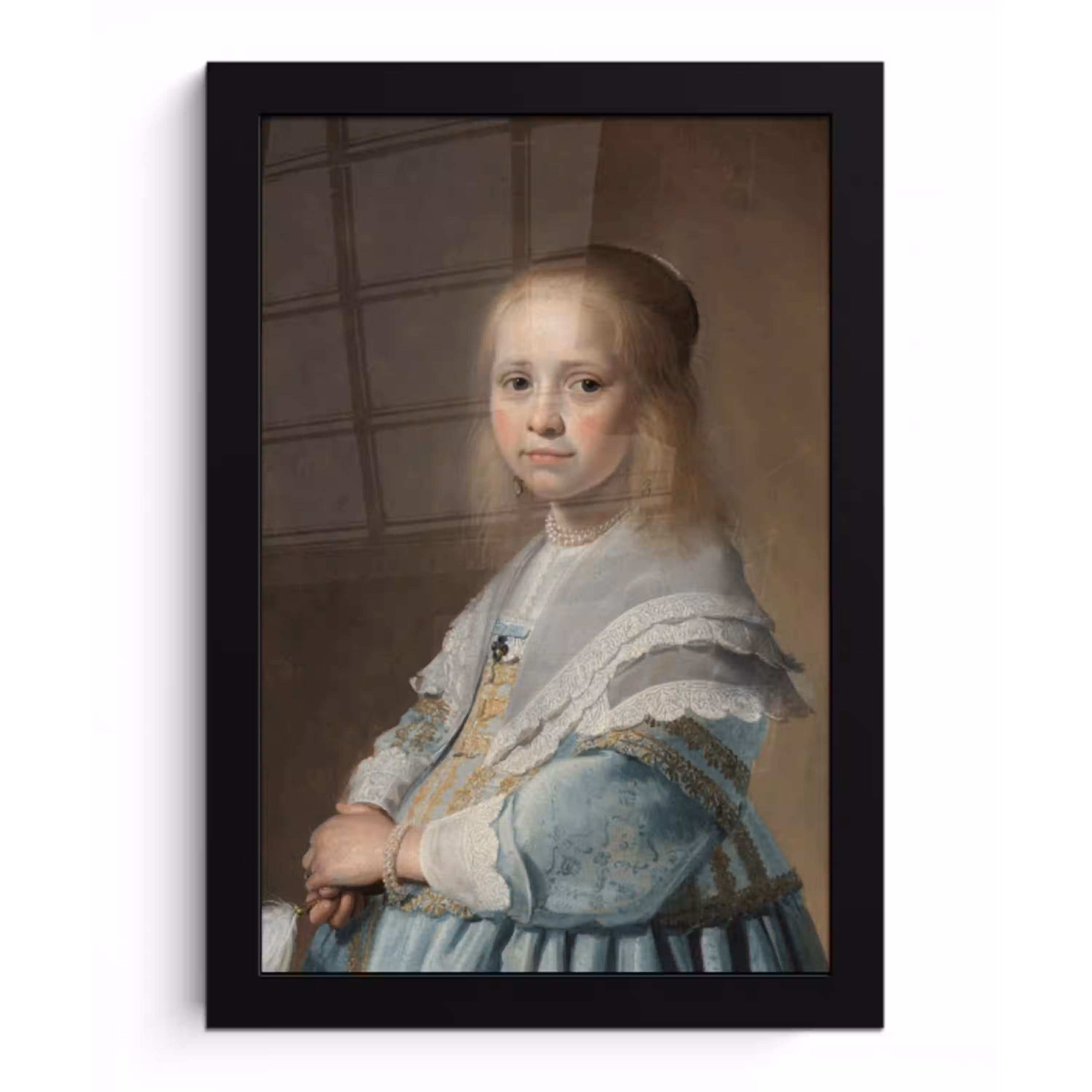 Portret van een meisje in het blauw - Schilderij van Johannes Cornelisz. Verspronck fotolijst zwart zonder passe partout klein -3d