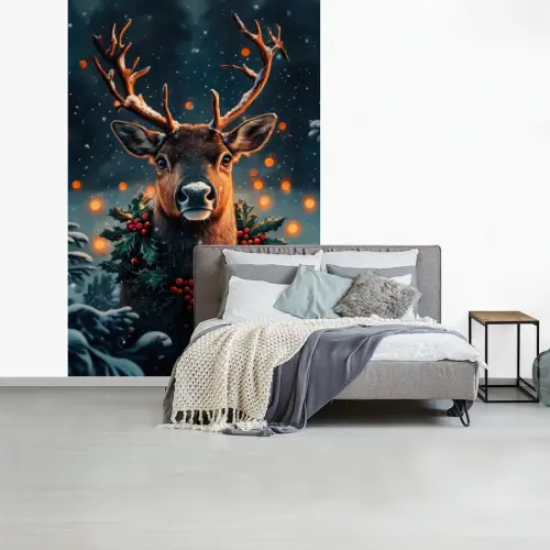 Hert - Kerst - Winter - Sneeuw - Kerstkrans fotobehang vinyl groot -slaapkamer